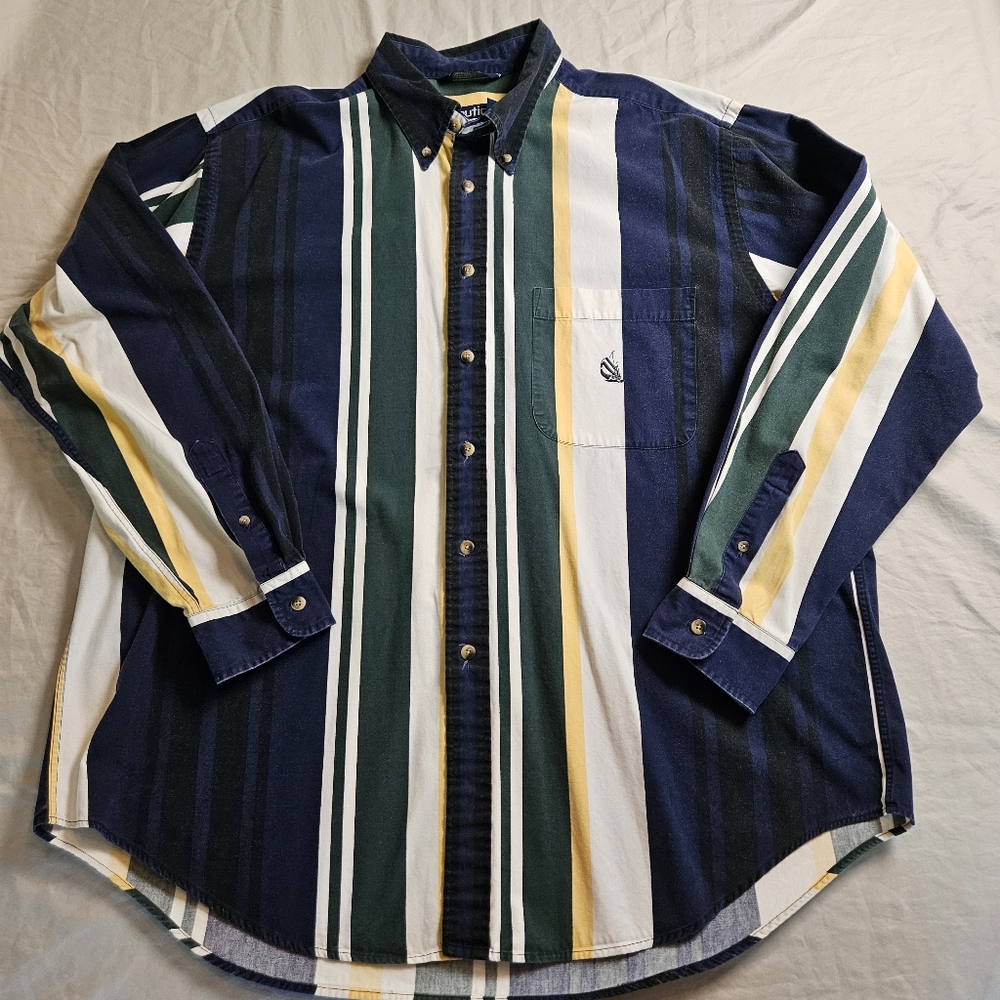 Y2K 90s Nautica Multi-Color Striped Button-Down Shirt Mens XL J-Class Preppy